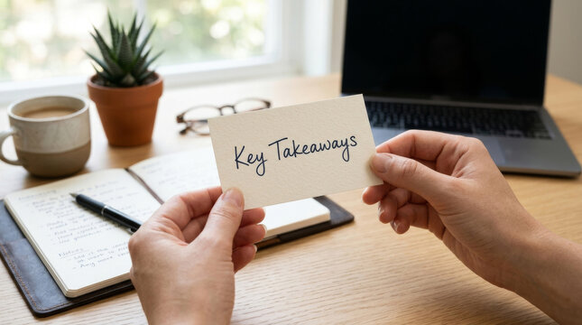 A close-up of a person�s hands holding a card that reads 'Key Takeaways,' with a cozy workspace in the background.