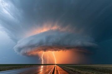Obraz premium The Lightning Storm Over a Desolate Road Framing a Dramatic Horizon