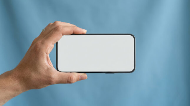 A person holds a blank smartphone with a minimalistic design against a soft blue background.