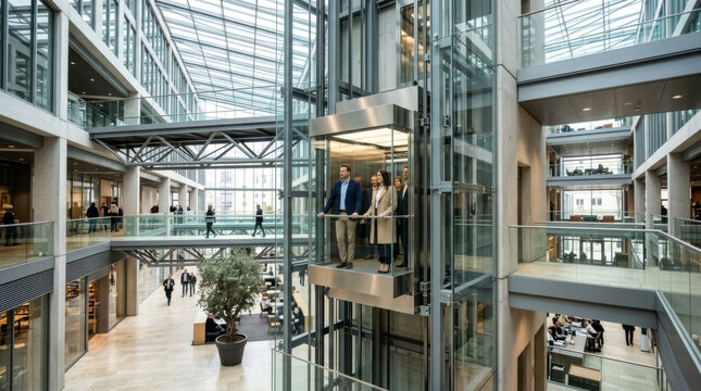 Two business professionals in a modern glass elevator, showcasing the sleek architecture of a corporate office space.