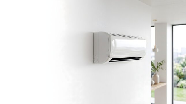 Modern white wall mounted air conditioner unit installed in a bright minimalist room providing fresh cool air for home comfort and climate control concept