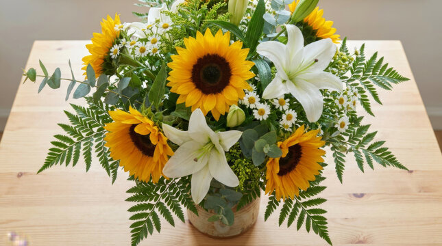 A vibrant bouquet featuring sunflowers, white lilies, and assorted greenery, perfect for brightening any space.