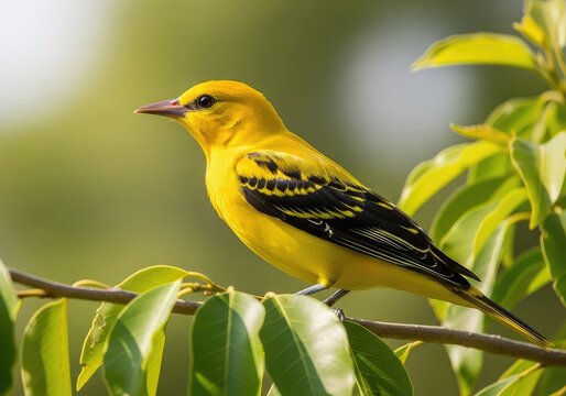 A vibrant male golden oriole perched gracefully on a leafy tree branch, showcasing its bright yellow plumage and dark wings in sunlight, ornithology, wildlife, feather
