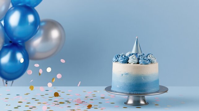 The Blue Ombre Birthday Cake with Rosettes and Confetti Celebration