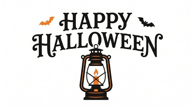 Happy halloween greeting card design with vintage oil lantern and flying bats on a white background