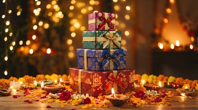 Colorful stack of gift boxes with bows surrounded by marigold flowers and lit diyas for diwali celebration
