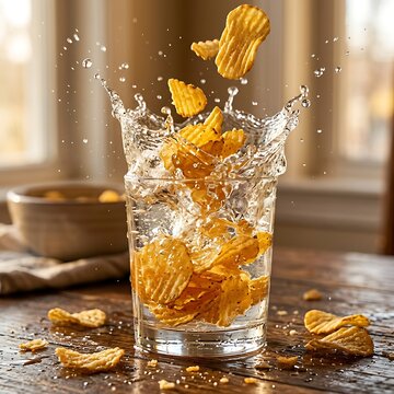 Potato chips splashing into a glass of water on a wooden table