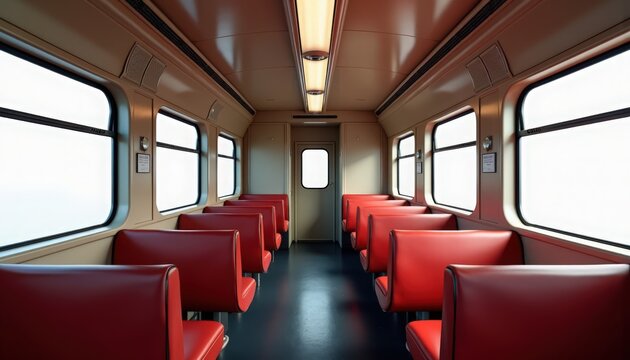 train interior with empty red seats and central aisle, modern passenger carriage with large windows, daylight reflections on vinyl upholstery, overhead lights and metal handrails,