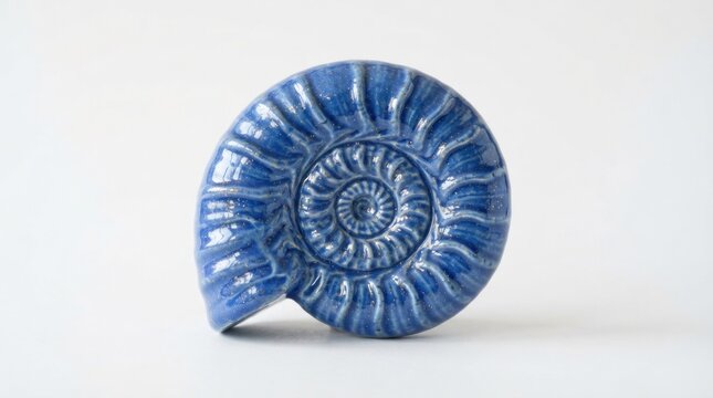 Blue ceramic ammonite fossil on white background