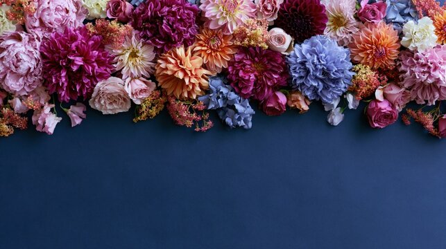 The Colorful Floral Border Across Blue Background with Luxurious Bouquets