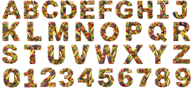Harvest Style Alphabet and Numbers Made from Fresh Fruits and Vegetables