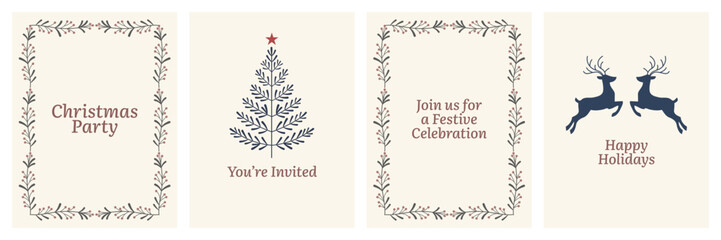 Set of christmas party invitation cards with festive illustrations, elegant botanical frames, and holiday greetings © Abir Creative Studio