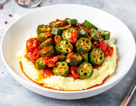 Braised okra and tomatoes with sauce, mashed potatoes AI