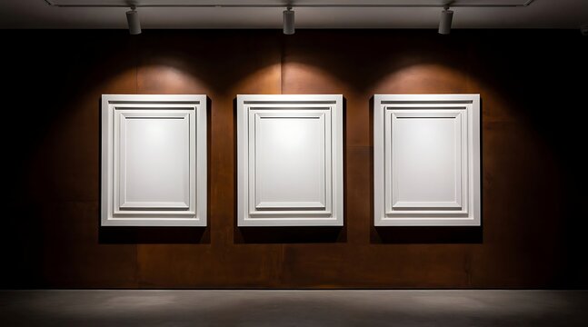 Three empty white picture frames hanging on a dark wooden wall in a gallery.