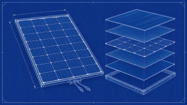 Blueprint illustration of a solar panel design showing front view and exploded view with detailed measurements and grid lines on a blue background
