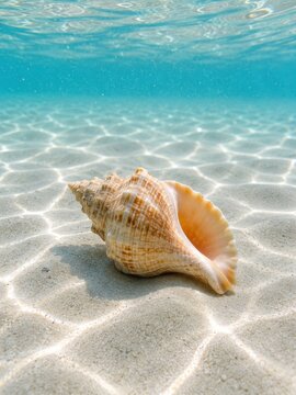 Close-up view of a conch shell resting on sandy ocean floor, illuminated by sunlight filtering through clear turquoise water above