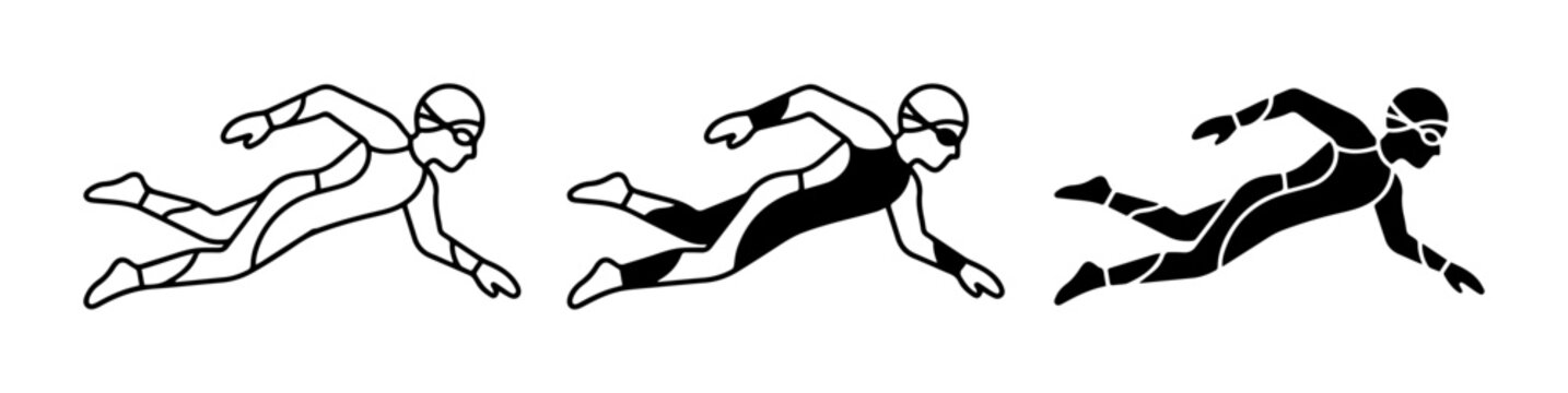 Swimmer Icons, Silhouette and Outline, Water Sports Athlete, Competitive Swimming Graphics