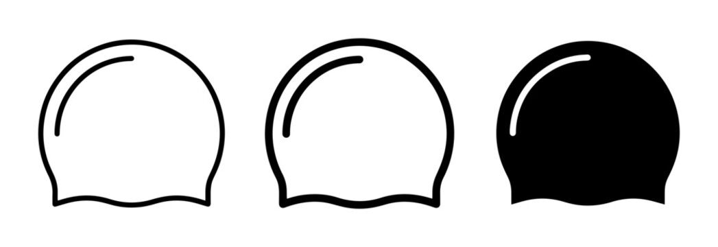 Three Swim Caps, Vector Icons: Outline, Filled Outline, Solid Black, Water Sports Accessory
