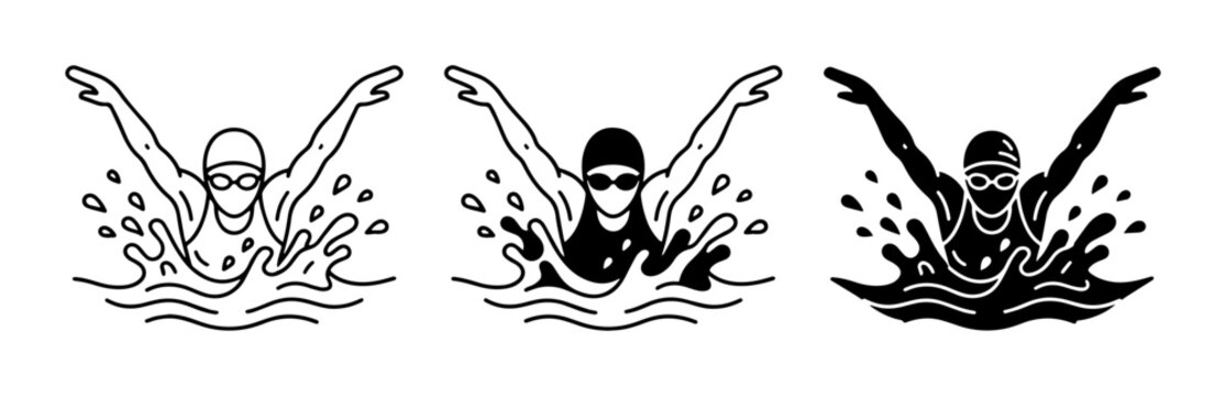 Swimmer Icons, Freestyle Stroke Vector Graphics, Water Splash Illustrations, Athletic Sport Design Elements