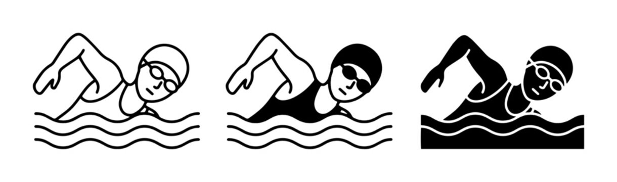 Swimming Icons Set, Diverse Styles, Water Sports Graphics, Aquatic Activity Vector Collection