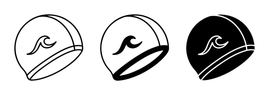 Swimming Caps, Water Sports Headwear Icons, Aquatic Gear Symbols, Black and White Vector Illustrations