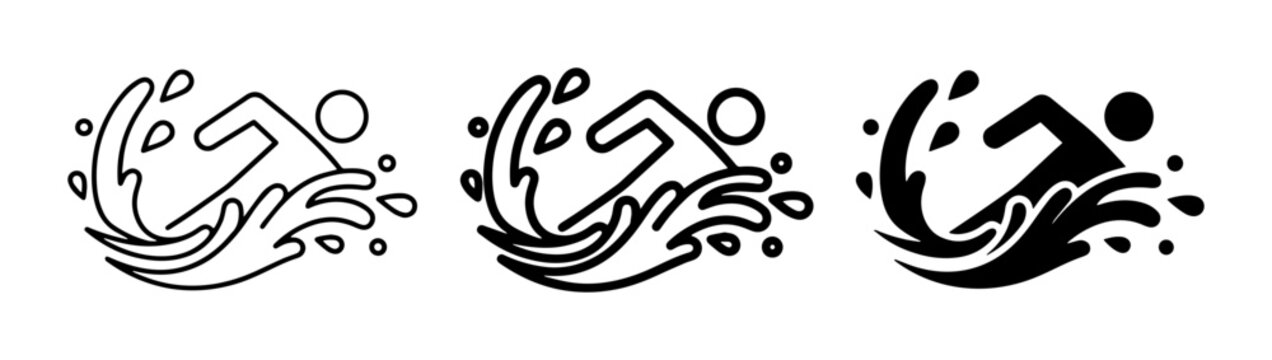 Swimming Icon Set, Aquatic Sport Vector Graphics, Water Splash Silhouette Collection