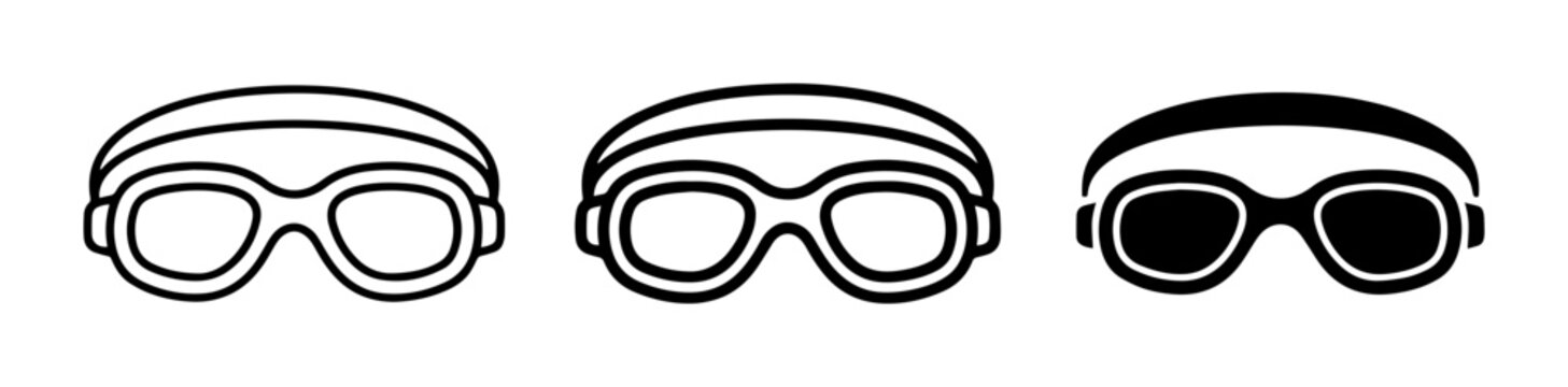 Swimming Goggles Icons, Water Sports Gear, Pool Accessories, Black and White Vector Graphics