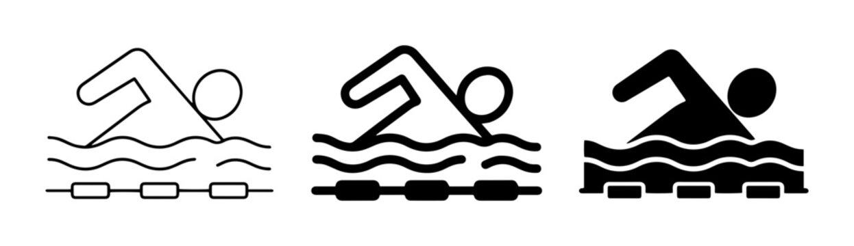 Swimming Icons Set: Stroke, Freestyle, and Silhouette Swimmer Graphics. Aquatic Sport Vector Collection.