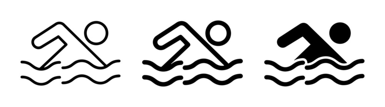 Swimming Icons Set: Silhouette Swimmer, Outline Swimmer, Filled Swimmer in Water Waves
