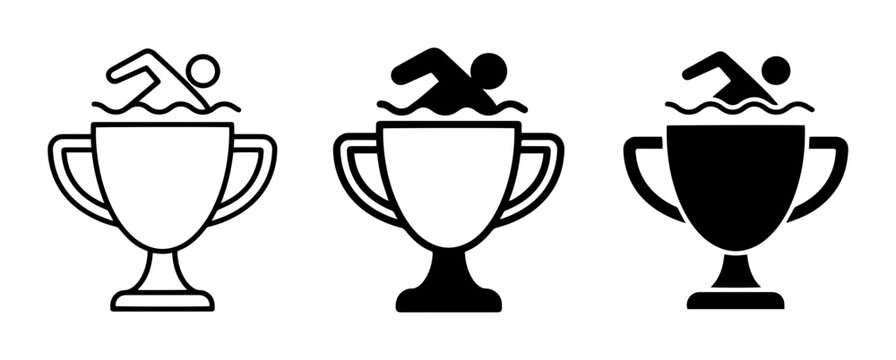 Swimming Trophy Icons, Champion Award Vector Set, Aquatic Competition Victory Symbols