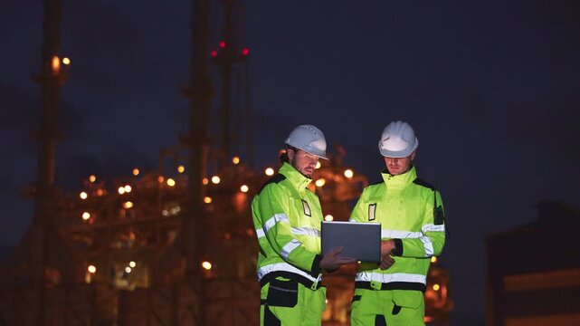 Engineers&rsquo; night shift working oil and gas refinery service, Workers hard work at night petroleum industry plant background, Oil and Gas Petrochemical industry.