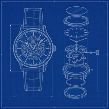 Detailed blueprint illustration of a mechanical watch with exploded view showing internal components, dial, and strap design on a blue grid background