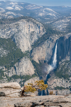 Vertical view of majestic Upper Yosemite Fall and canyon from Sentinel Dome