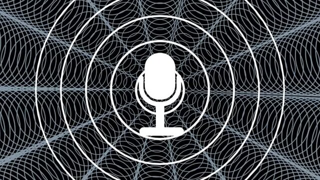 Minimal luminous microphone circular sound levels background. virtual assistants, audio applications, webinars, journalism, voice recognition, online lectures, streaming content, communication promos