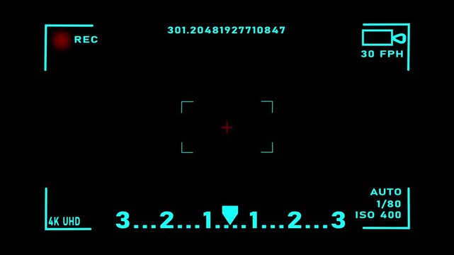Digital CCTV surveillance monitor interface showing recording indicator, timecode display, targeting frame, and AI active status on a black background. Concept of modern security monitoring