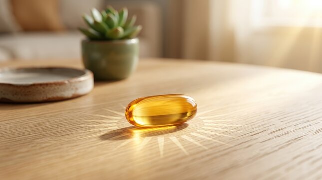 Golden vitamin D3 softgel capsule, shining with sun rays, essential sunshine nutrient, promoting strong bone health, daily immune system support, natural wellness