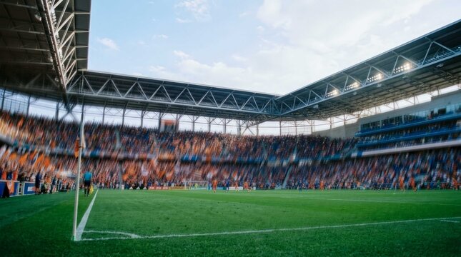 A stunning soccer stadium football background showing a professional arena with green grass