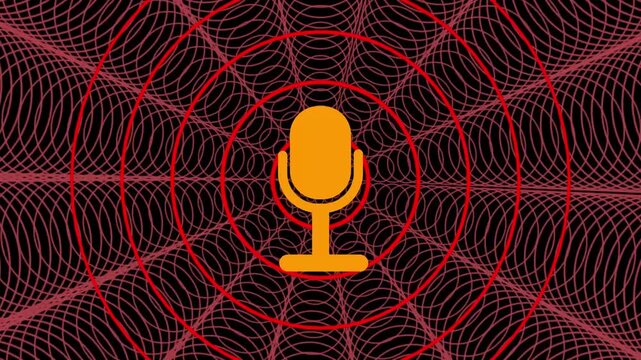 Minimal luminous microphone circular sound levels background. virtual assistants, audio applications, webinars, journalism, voice recognition, online lectures, streaming content, communication promos
