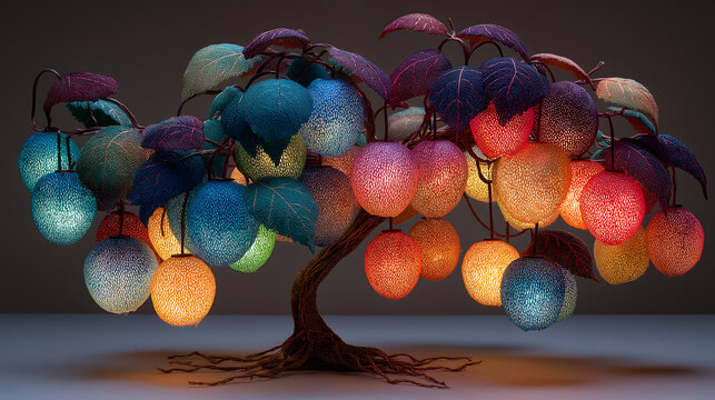 Tree of knowledge imagery, tree-shaped light bearing glowing fruit spheres, each fruit containing book, star, eye, key and other symbols, commercial asset for exhibition, poster, packaging, game conce
