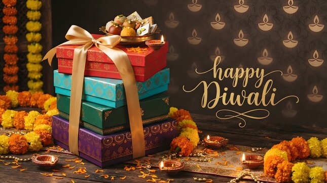 Stack of colorful diwali gift boxes with traditional sweets and diyas