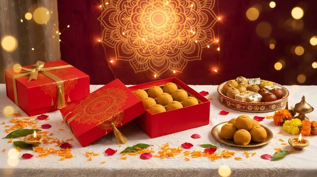Red festive gift boxes with traditional indian sweets for diwali