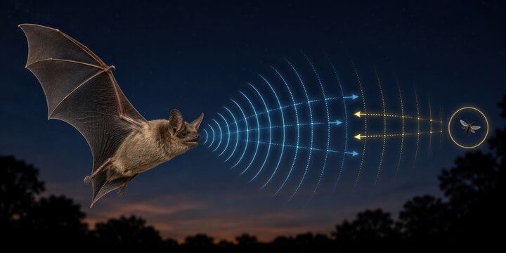Bat in flight using echolocation to detect a mosquito at dusk, sound waves illustrated with blue and yellow lines against a darkening sky