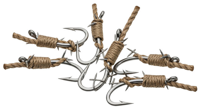 Fishing hooks with rope tied on white background Isolated on transparent background