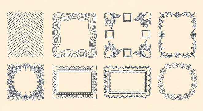 Collection of decorative frames and handdrawn borders featuring vintage line art ornate botanical wreaths and minimalist geometric patterns for