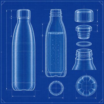 Blueprint illustration of a plastic water bottle design with detailed dimensions, components, and assembly instructions on a blue background