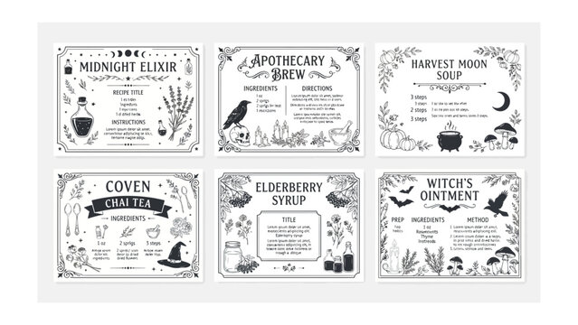 Witchcraft Recipe Cards: A collection of vintage-style recipe cards detailing mystical potions and brews for the modern witch, featuring whimsical illustrations and decorative borders.