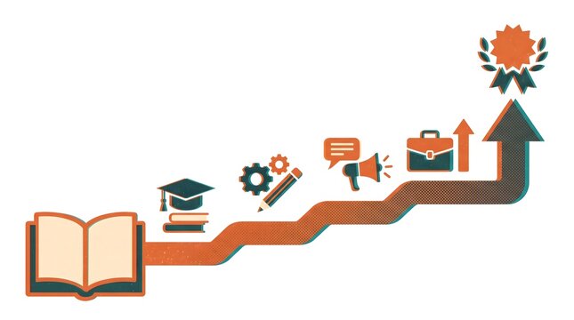 Path of education from book to career success with graduation cap pencil and award symbolizing growth.