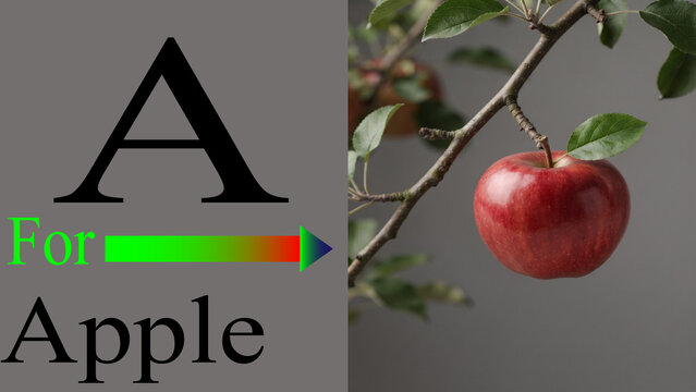Alphabet education flashcard with uppercase letter a and red apple fruit hanging.