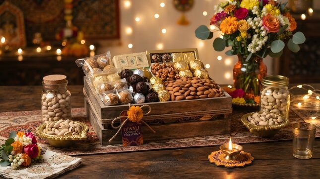 Diwali gift hamper with sweets, nuts, and chocolates on a wooden table with flowers and diyas