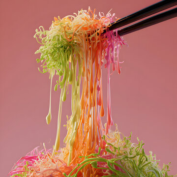 Fresh colorful salad strands lifted by chopstick with dripping neon dressing and tangled texture creating playful vibrant motion and glossy liquid flow